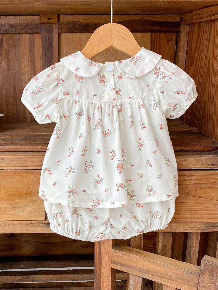 Summer Baby Girl Clothing Cute Peter Pan Collar 2pcs Flower Print Fashion Outfit For Infants, Top With Pants