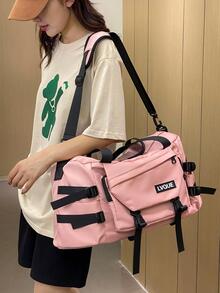 Pink Duffle Bag Large Capacity Wet Dry Pocket For Travel, Colorblock Gym Bag Double Handle For Sports - Pink - View 10