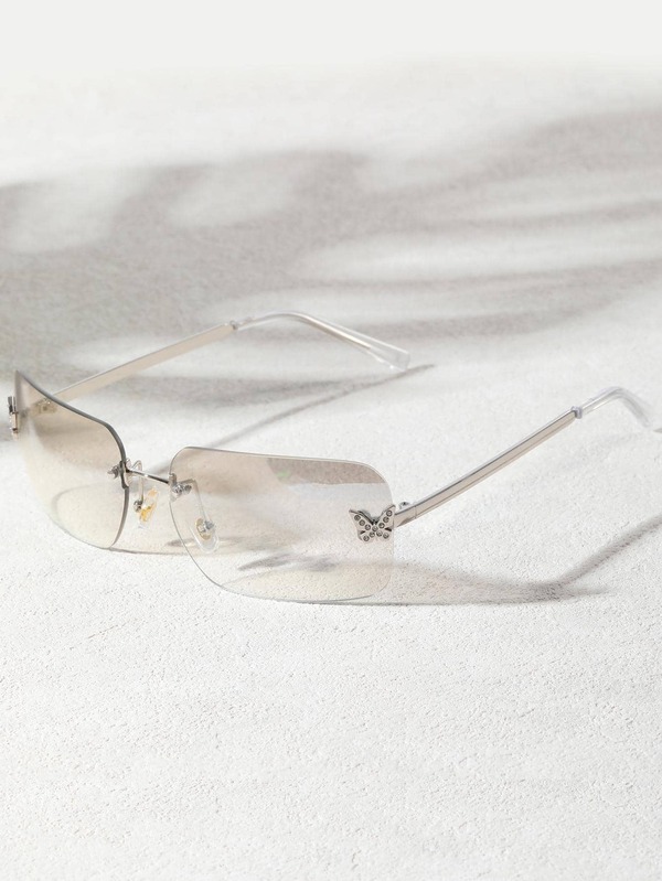 1pair Women Butterfly Decor Square Lens Rimless Fashionable Sunglasses For Summer