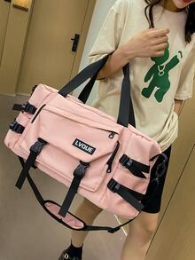 Pink Duffle Bag Large Capacity Wet Dry Pocket For Travel, Colorblock Gym Bag Double Handle For Sports - Pink - View 5