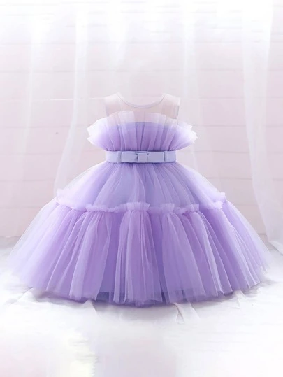 Solid Color Bow Decor Tulle Elegant Dress, Suitable For Birthday Party, Excluding Headband