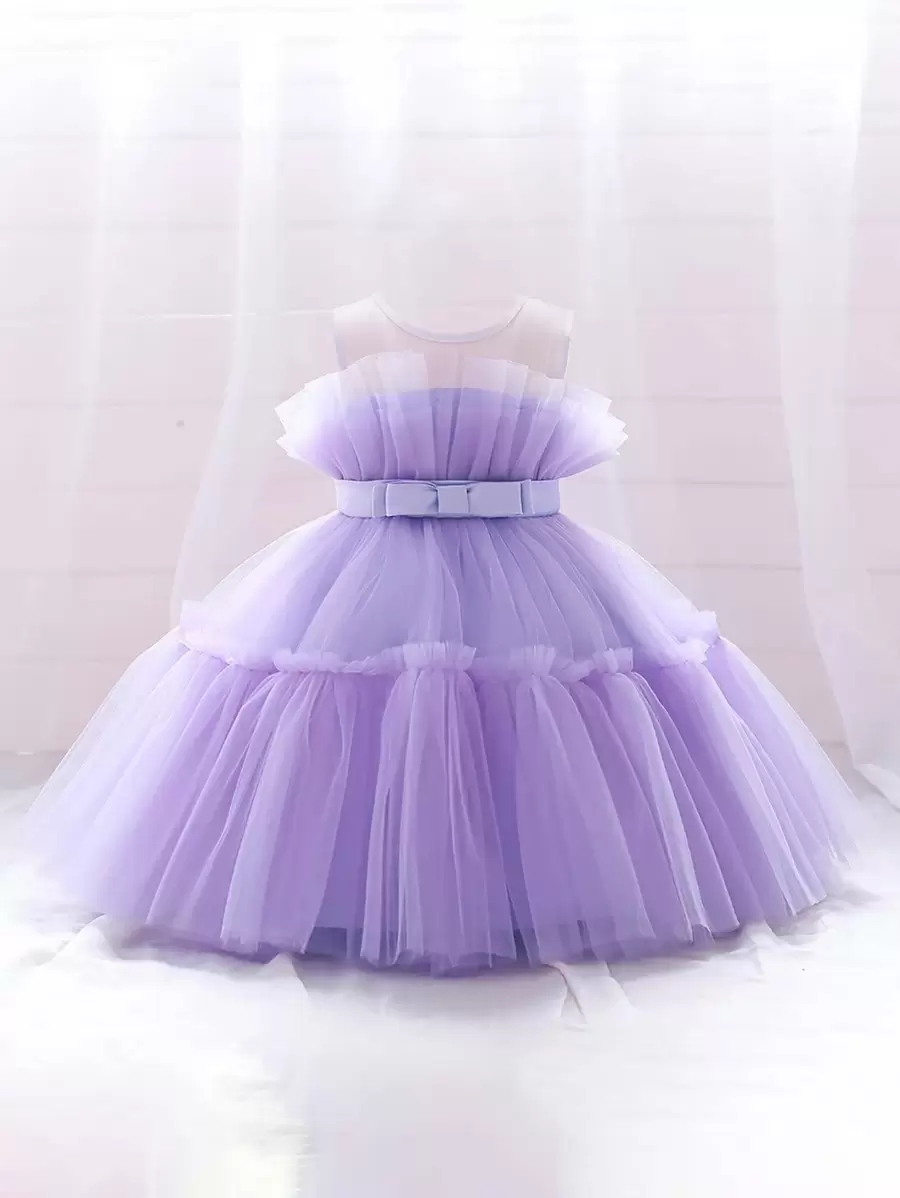 Young Girls' Solid Color Tulle Fluffy Princess Dress With Waist Bow Embellishments , Cute & Elegant Style , Suitable For Birthday Parties , Hair Accessories Not Included - Purple - View 1