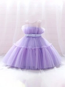 Young Girls' Solid Color Tulle Fluffy Princess Dress With Waist Bow Embellishments , Cute & Elegant Style , Suitable For Birthday Parties , Hair Accessories Not Included - Purple - View 6