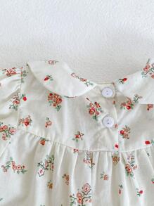 Summer Baby Girl Clothing Cute Peter Pan Collar 2pcs Flower Print Fashion Outfit For Infants, Top With Pants - Beige - View 3