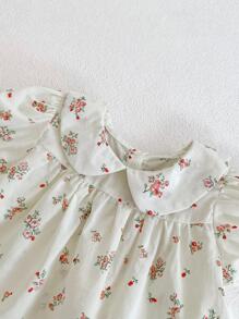 Summer Baby Girl Clothing Cute Peter Pan Collar 2pcs Flower Print Fashion Outfit For Infants, Top With Pants - Beige - View 10