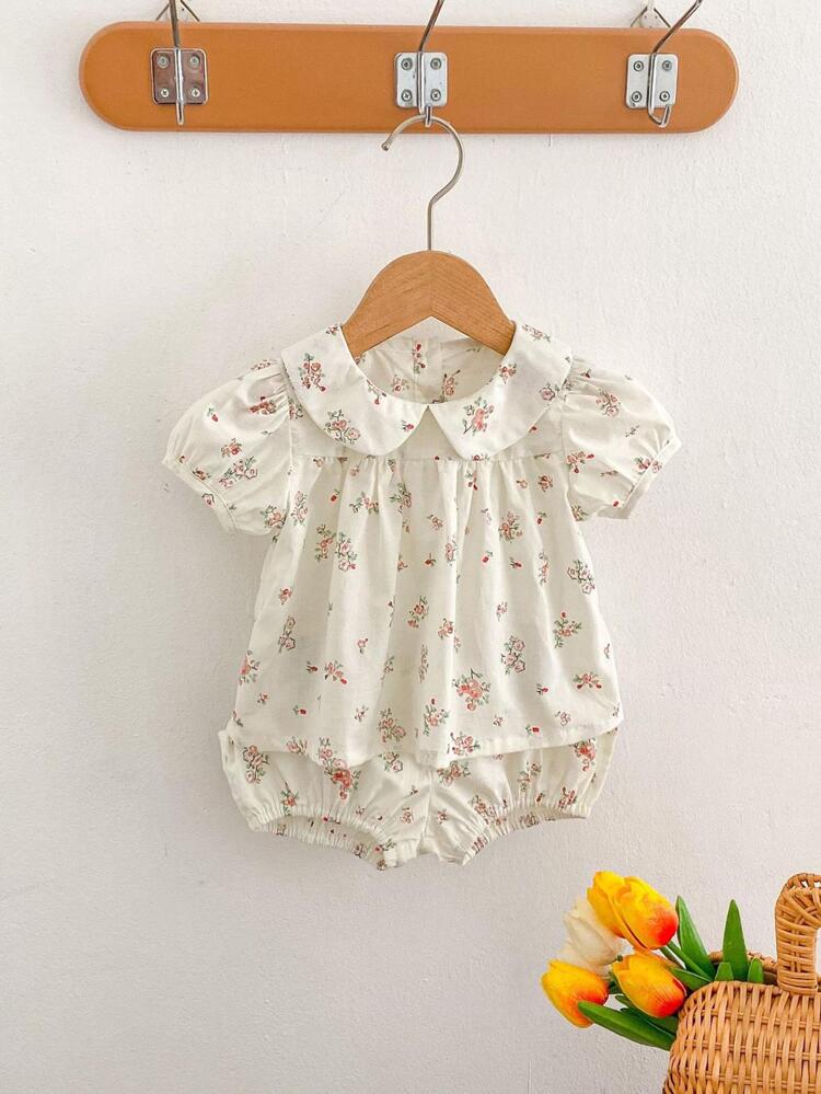 Summer Baby Girl Clothing Cute Peter Pan Collar 2pcs Flower Print Fashion Outfit For Infants, Top With Pants