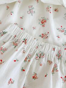 Summer Baby Girl Clothing Cute Peter Pan Collar 2pcs Flower Print Fashion Outfit For Infants, Top With Pants - Beige - View 9