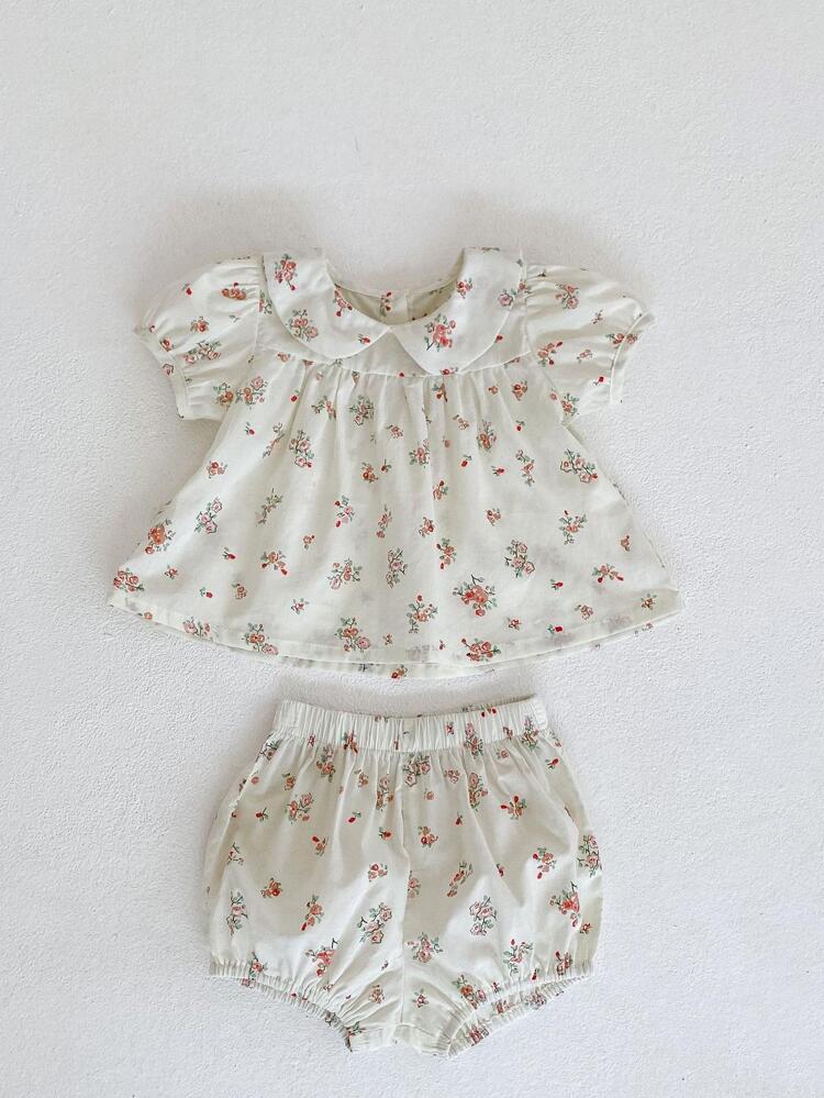Summer Baby Girl Clothing Cute Peter Pan Collar 2pcs Flower Print Fashion Outfit For Infants, Top With Pants