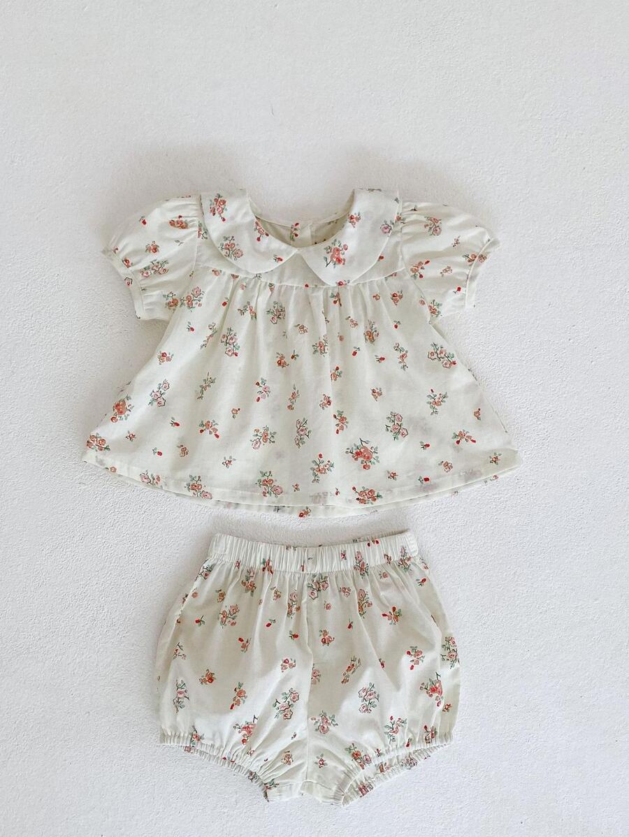 Summer Baby Girl Clothing Cute Peter Pan Collar 2pcs Flower Print Fashion Outfit For Infants, Top With Pants - Beige - View 1