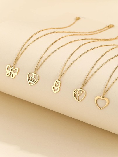 5pcs 18k Gold-Plated Stainless Steel Heart & Butterfly Pendant Charm Necklace Valentines,Mom,Mother,Mother's Day,Gift