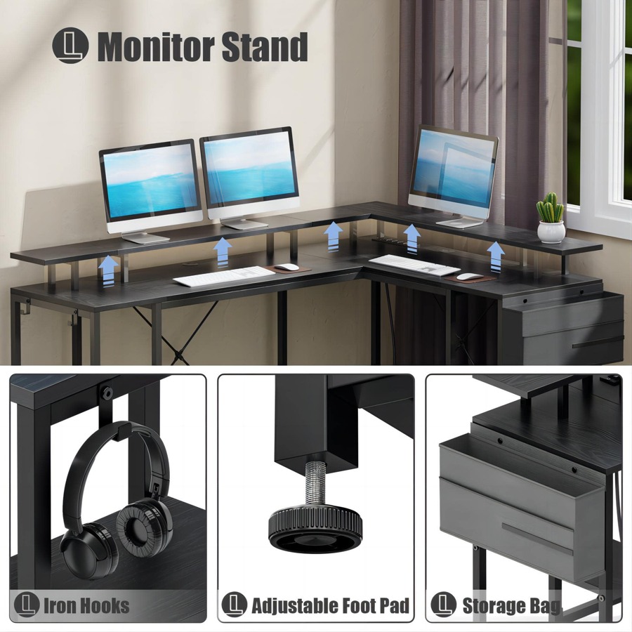 GIKPAL L-Shaped Gaming Desk, 95" Reversible Corner Computer Desk With ...