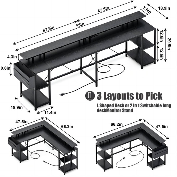 GIKPAL L-Shaped Gaming Desk, 95" Reversible Corner Computer Desk with ...