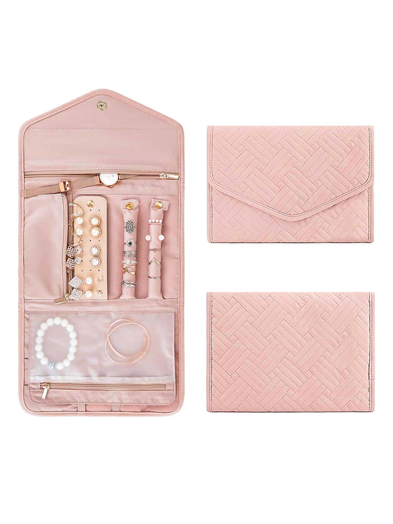 1入組滌綸首飾類收納日常粉色的可折疊珠寶收納盒收納盒適用於戶外遊玩 - 粉色 - 查看 1