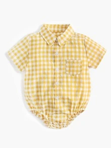 Bộ đồ liền thân hình tam giác tay ngắn kẻ sọc cổ tròn dễ thương cho bé trai, thích hợp cho các bữa tiệc và mùa hè - Màu vàng - Xem 3