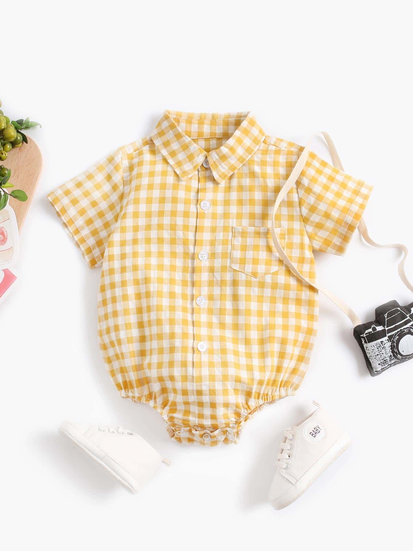 Bộ đồ liền thân hình tam giác tay ngắn kẻ sọc cổ tròn dễ thương cho bé trai, thích hợp cho các bữa tiệc và mùa hè - Màu vàng - Xem 1