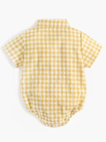 Bộ đồ liền thân hình tam giác tay ngắn kẻ sọc cổ tròn dễ thương cho bé trai, thích hợp cho các bữa tiệc và mùa hè - Màu vàng - Xem 2
