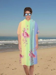 Due  jeheo 1pc Flamingo Print Hooded Bath Wrap Towel - Multicolor - View 3