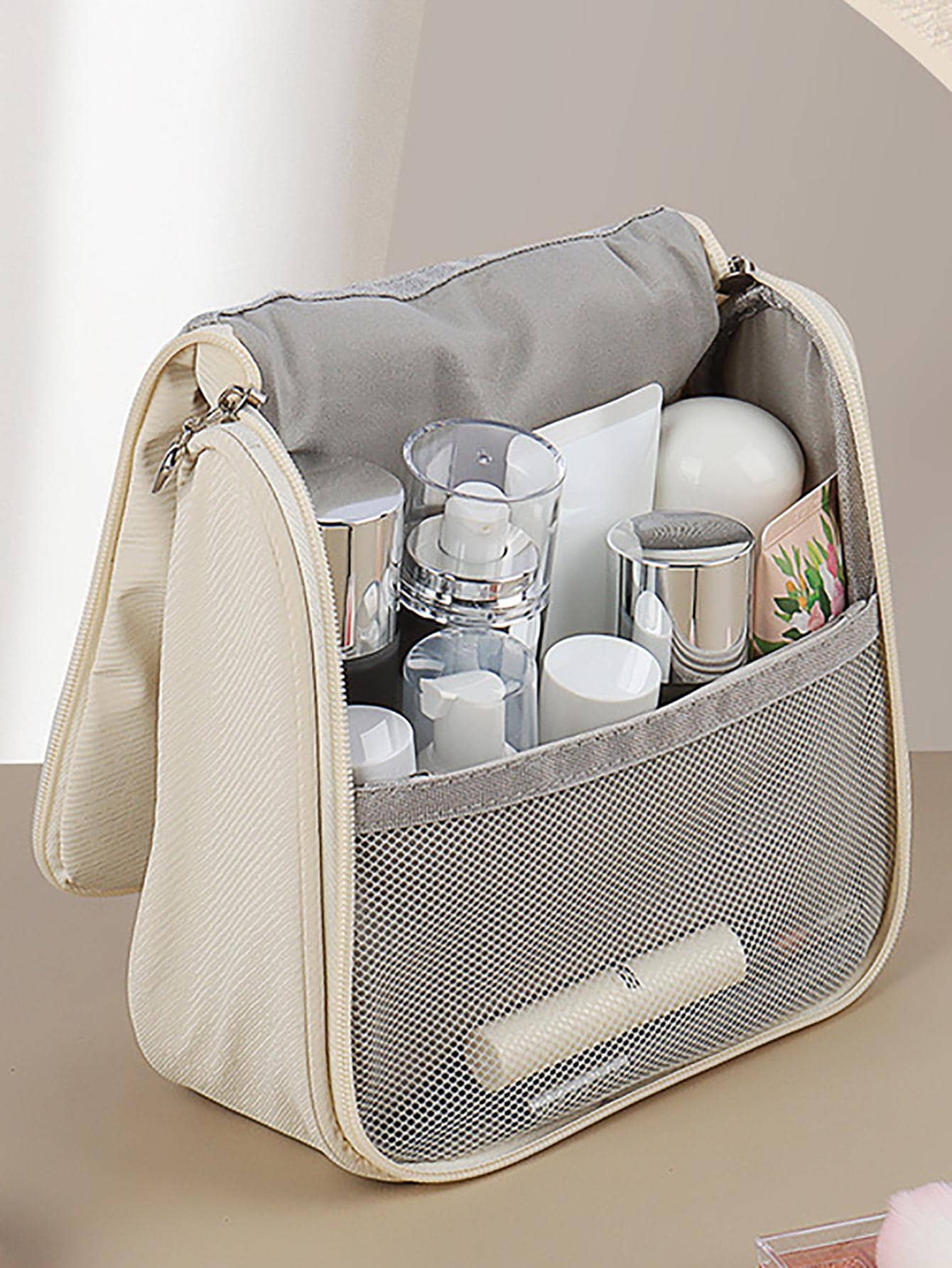 Solid Colour Toiletry Travel Bag Ruched Detail Zipper Around - Beige - View 1