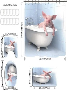 YBLZGCN 4 piezas cerdo con estampado Cortina de ducha & Alfombra de baño - Multicolor - Ver 3