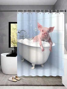 YBLZGCN 4 piezas cerdo con estampado Cortina de ducha & Alfombra de baño - Multicolor - Ver 2