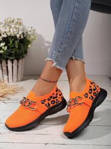 1 双女士豹纹休闲运动鞋，带链条装饰，轻便、柔软、舒适、透气、时尚跑步/步行运动鞋 - 橘色 - 查看 3