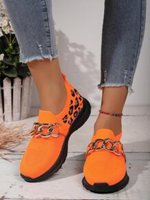 1 双女士豹纹休闲运动鞋，带链条装饰，轻便、柔软、舒适、透气、时尚跑步/步行运动鞋 - 橘色 - 查看 4