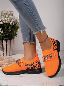 1 双女士豹纹休闲运动鞋，带链条装饰，轻便、柔软、舒适、透气、时尚跑步/步行运动鞋 - 橘色 - 查看 5