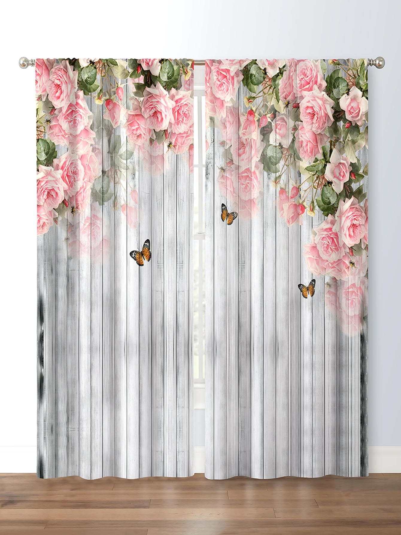 2入組花和蝴蝶圖案現代滌綸遮光窗簾適用於客廳和全部季節 - 彩色 - 查看 1