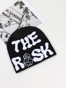 1頂女士流行提花針織帽,捲邊設計,刺繡字母裝飾,適於戶外旅行、度假和生日派對穿著 - 黑色 - 查看 1