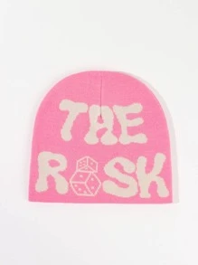 1入女士假期和戶外時尚提花字母針織帽,無邊設計並具有捲邊,適用於戶外度假旅行、生日派對