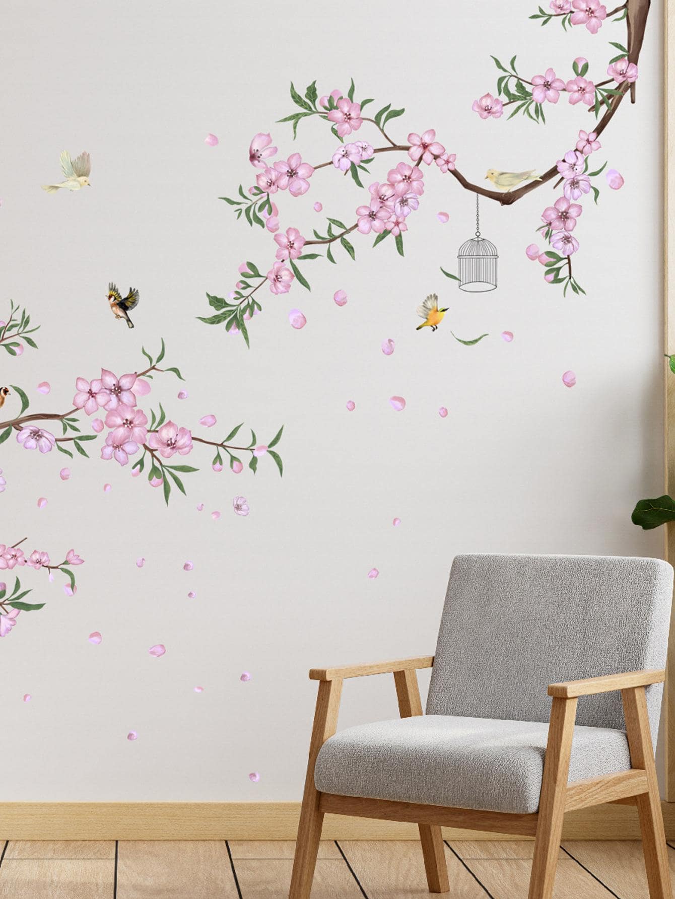 mama look 2入組花卉圖案和鳥樣式牆現代PVC防水牆貼適用於客廳 - 粉色 - 查看 1