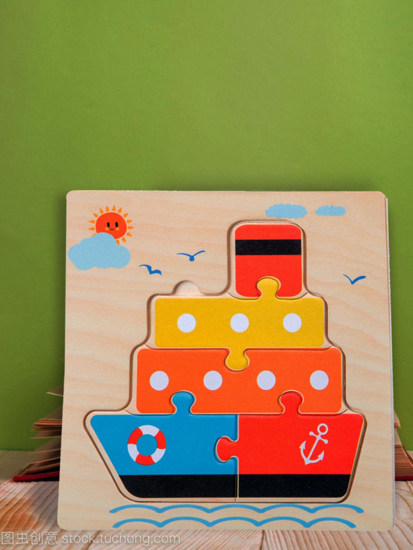 1入組木頭孩子們日常太陽圖案輪船設計啟蒙益智玩具適用於家庭 - 米色 - 查看 1