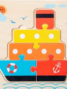 1入組木頭孩子們日常太陽圖案輪船設計啟蒙益智玩具適用於家庭 - 米色 - 查看 6