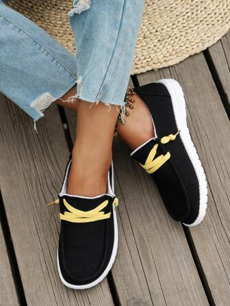 Women Lace-up Front Slip On Shoes, Canvas Sporty Sneakers