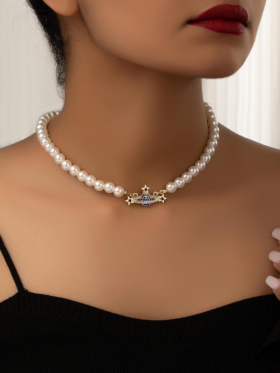 Rhinestone Planet & Faux Pearl Decor Beaded Necklace - Multicolor - View 1