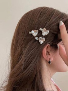 3入組女性水鑽愛心裝飾時尚鴨嘴夾適用於頭髮裝飾用品