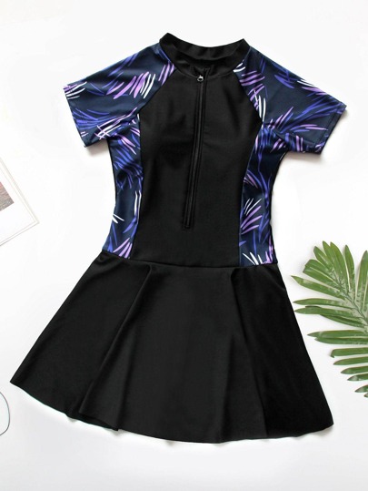 Printed Zip-Up One-Piece Swimdress With Waist Cinching, Flattering For Beach Vacation In Summer