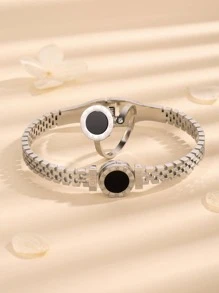 1 Stück Fashion Edelstahl römischen Ziffer Detail rundem Dekor, Armreif & 1 Stück Manschettenring Für Frauen für Geschenk - Silber - Übersicht 5