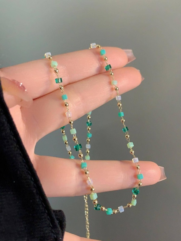 One Color Block Bohemian Style Beaded Necklace, Ideal For Ladies To Wear During Summer Holidays As Jewelry Gift