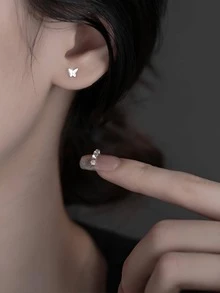1 đôi bông tai hình con bướm thời trang bằng bạc cho phụ nữ để trang trí hàng ngày - Bạc - Xem 2