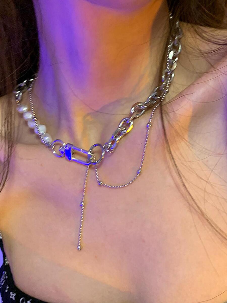 Faux Pearl Decor Chain Necklace - Silver - View 1