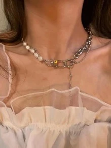 Faux Pearl Decor Chain Necklace - Silver - View 2