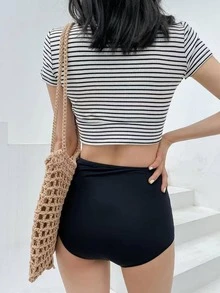 Striped Knot Front Bikini Set Summer Beach - Black and White - View 2