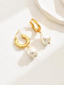 1對時尚不銹鋼假珍珠裝飾耳環,適用於女性約會禮物 - 金黃色 - 查看 2