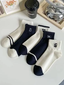 5雙女性蝴蝶結和花卉刺繡可愛中筒襪適用於日常生活 - 彩色 - 查看 3