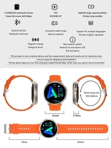 1pc Men Women Orange Silicone Strap Sporty Date Heart Rate Monitoring Sleep Tracking Multi-function Round Dial Smart Watch, Compatible With Androids iPhone - Orange - View 10