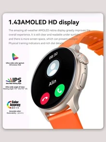 1pc Men Women Orange Silicone Strap Sporty Date Heart Rate Monitoring Sleep Tracking Multi-function Round Dial Smart Watch, Compatible With Androids iPhone - Orange - View 7