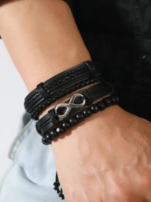 時尚編織細節珠子裝飾手環適合男士日常裝飾 - 黑色 - 查看 2