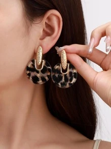 2入組豹紋圖案圓形耳墜 - 金黃色 - 查看 1