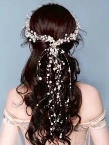 5件套女士时尚浪漫甜美高品质珍珠装饰链发饰，适合派对和盘发造型，包括发带、头巾、发箍、吸汗带等，秋冬季度假装扮必备，优雅围巾，柔软头巾。 - 白色 - 查看 1